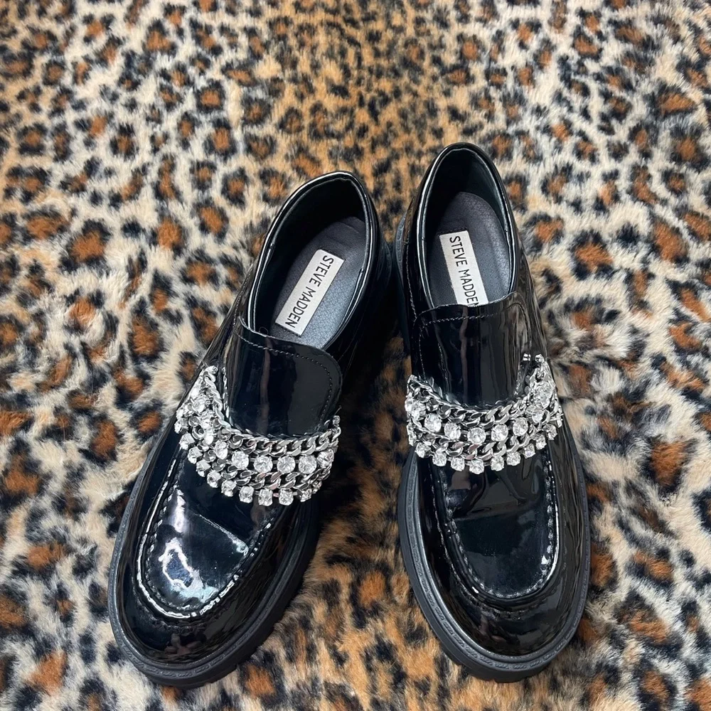 Steve Madden Black Patent Loafers with Rhinestone Accent - Picture 3 of 3